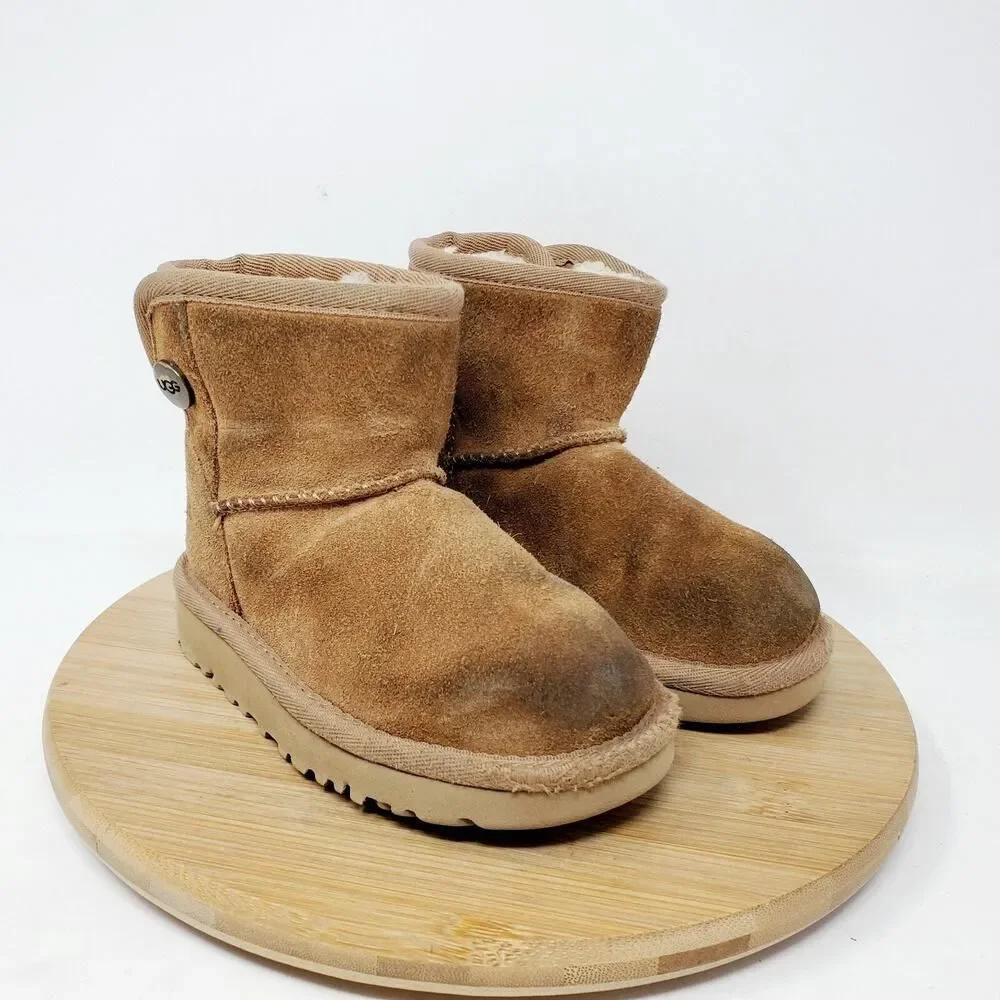 UGG Boots Kids 7 Jona Brown Suede Shearling Winter Shoe Little Girl Toddler WORN